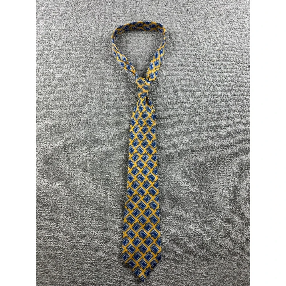 Vintage Gucci Tie Men Yellow Blue Geometric Diamond 100% Silk Italy Made Preppy‎